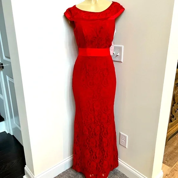 Juno | Dresses | Juno Red Belted Lace Gown Dress | Poshmark